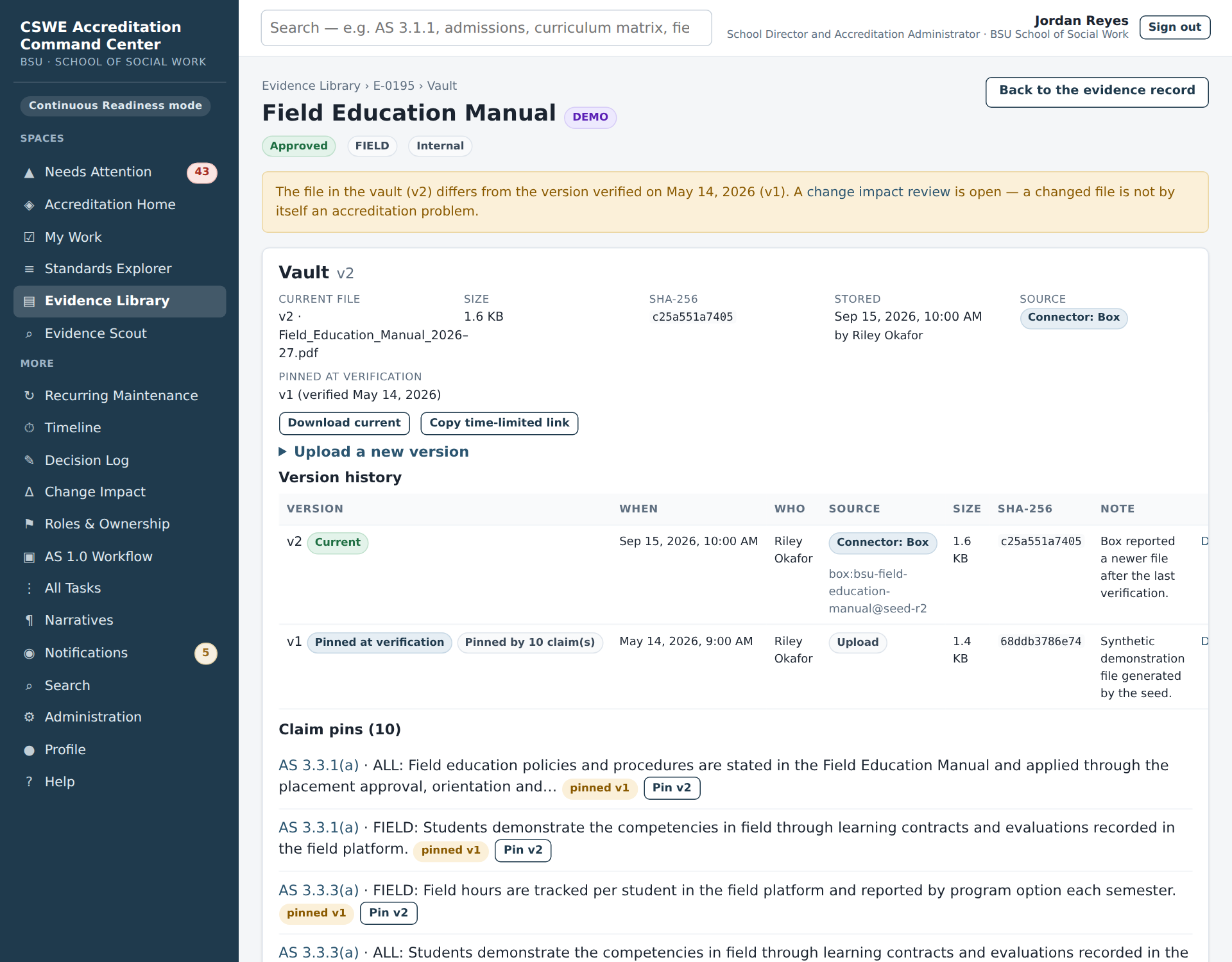 Vault view of the Field Education Manual: v2 is current, v1 is pinned at verification